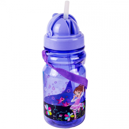 Sticlă de apă și Bidoane - Sticle Apa Copii, Gradinita si Scoala, 350 ml cu Pai si Snur, Mov