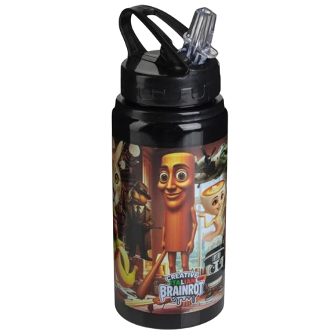 Sticla de Apa pentru Baieti, Brainrot, cu Pai Flip Top si Inel, din Aluminiu,  Negru, 500ml [0]