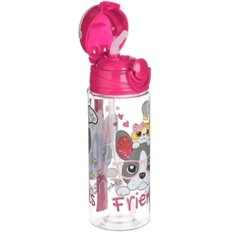 Rechizite Școlare - Sticla de Apa pentru copii, Catel & Pisica "Friends", Pop-Up, Transparent Fucsia, 500ml