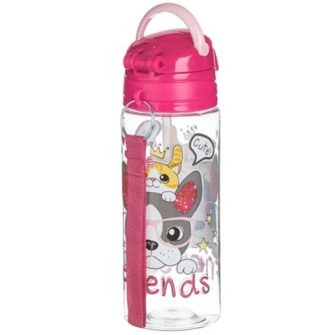 Sticla de Apa pentru copii, Catel & Pisica "Friends", Pop-Up, Transparent Fucsia, 500ml [3]