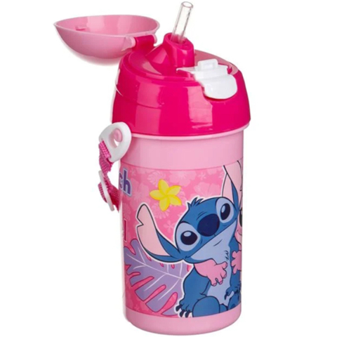 Rechizite Școlare - Sticla de Apa pentru Fete, Angel & Stitch, Pop-Up cu Curea Fucsia, 500ml