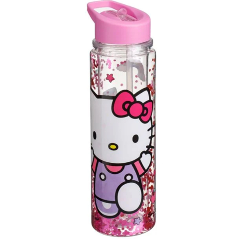 Rechizite Școlare - Sticla de Apa pentru Fete, model Hello Kitty, cu Pai Flip Top si Sclipici, 500ml