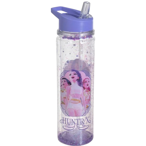 Rechizite Școlare - Sticla de Apa pentru fete, model K-POP, Transparent Lila cu Pai Flip Top si Confetti, 600ml