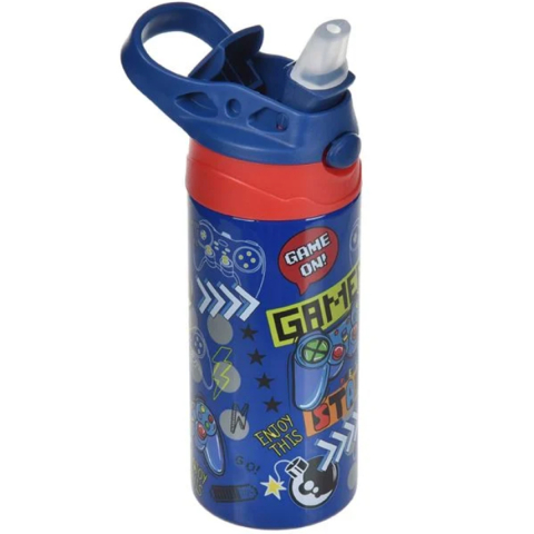 Caserole Copii, Lunch Box si Sticle de Apa pentru Scoala - Sticla de apa, termos pentru Copii, model Gamer, din Otel Inoxidabil, Albastru, 500ml