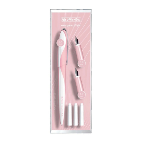 Stilouri pentru Copii si Scoala - Stilou Herlitz My Pen 11360260, alimentare rezerve, corp plastic roz, pentru caligrafie cu 3 penite (0.9/1.4/1.9) + 3 rezerve