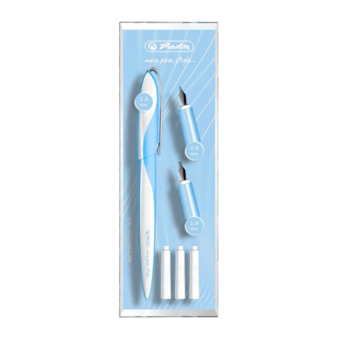 Rechizite Școlare - Stilou Herlitz My Pen 11360294, alimentare rezerve, albastru deschis, pentru caligrafie cu 3 penite (0.9/1.4/1.9) + 3 rezerve