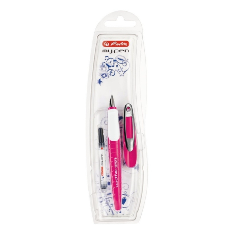 Rechizite Școlare - Stilou Herlitz My Pen 50046805, varf M, alimentare rezerve, corp plastic roz / alb, grip cauciucat