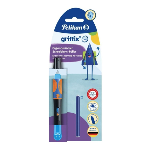 Rechizite Școlare - Stilou Pelikan Graffix4 820349, varf M, alimentare rezerve, corp plastic , +1 rezerve, pentru dreptaci, neon black, blister