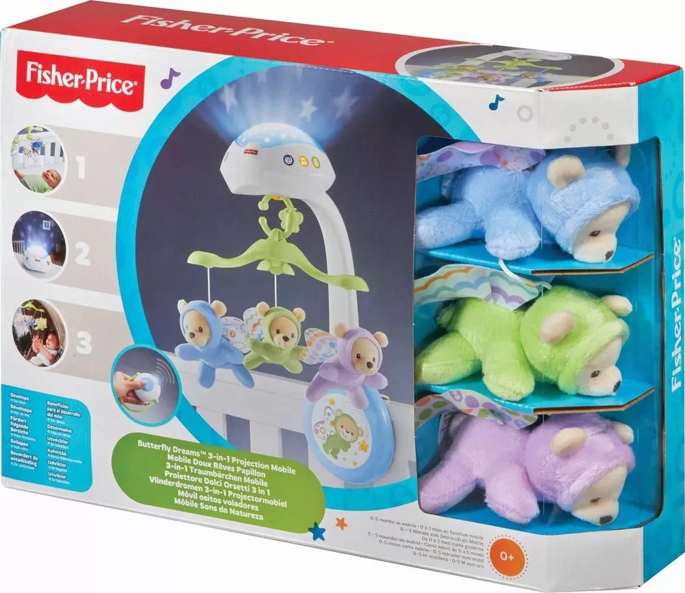 Carusel si Cutii Muzicale - Suport mobil pentru patut, Carusel cu proiectie, Noaptea instelata, Fisher Price, varsta de la 0 luni la 1 an
