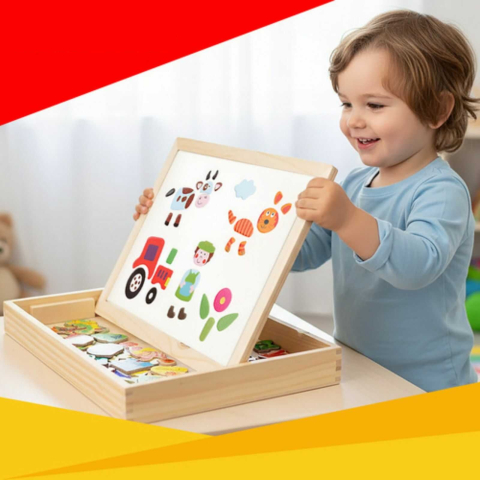 Tabla magnetica educativa cu puzzle animale, 108 piese, tabla dubla magnetica si creta, 3+ ani [8]