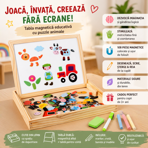 Tabla magnetica educativa cu puzzle animale, 108 piese, tabla dubla magnetica si creta, 3+ ani [1]
