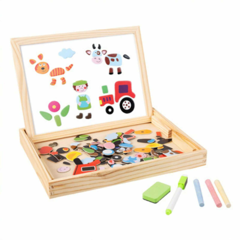 Jucării și Jocuri pentru copii - Tabla magnetica educativa cu puzzle animale, 108 piese, tabla dubla magnetica si creta, 3+ ani