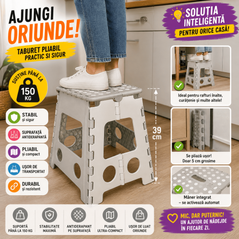 Articole pentru birou - Taburet pliabil antiderapant, scaunel inalt tip treapta, 39cm, Gri Deschis