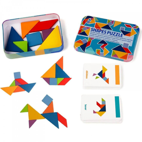 Tangram 7 Piese din Lemn cu 60 Carduri, 120 Modele, Ideal pentru Cadouri de Craciun