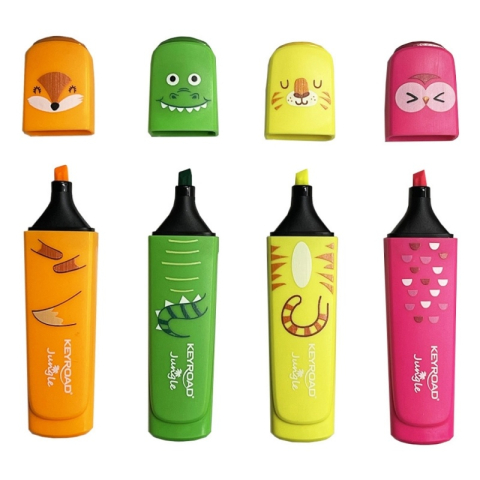 Markere, Textmarkere si Evidentiatoare - Textmarker Keyroad Jungle KR972176, varf tesit, pentru copii, set 4 culori fluorescente (galben, verde, orange, roz)