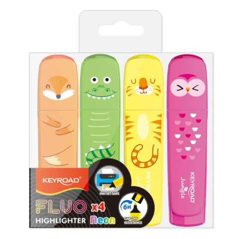 Textmarker Keyroad Jungle KR972176, varf tesit, pentru copii, set 4 culori fluorescente (galben, verde, orange, roz) [3]