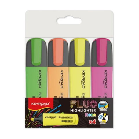 Markere, Textmarkere si Evidentiatoare - Textmarker Keyroad KR972163, varf tesit, pentru copii, set 4 culori fluorescente (galben, verde, orange, roz)