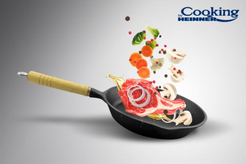 Tigaie fonta pura, maner lemn 23 x 4 cm, ambalaj cutie color, cooking by heinner [1]