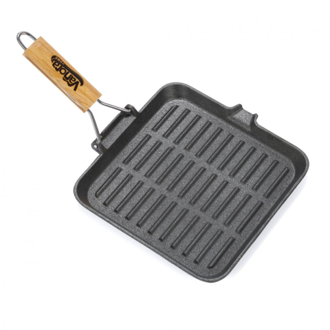 Tigaie grill fonta pura cu maner lemn detasabil, 23x2 cm, ambalaj eticheta color, vanora home [1]
