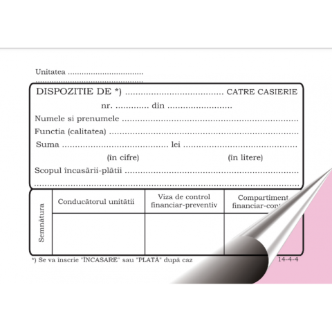 Birotică și Papetărie - Tipizat - dispozitie casierie - A6, 2 exemplare, autocopiativ, carnet 50 seturi