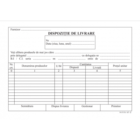 Birotică și Papetărie - Tipizat - dispozitie livrare - A5, 2 exemplare, autocopiativ, carnet 50 seturi