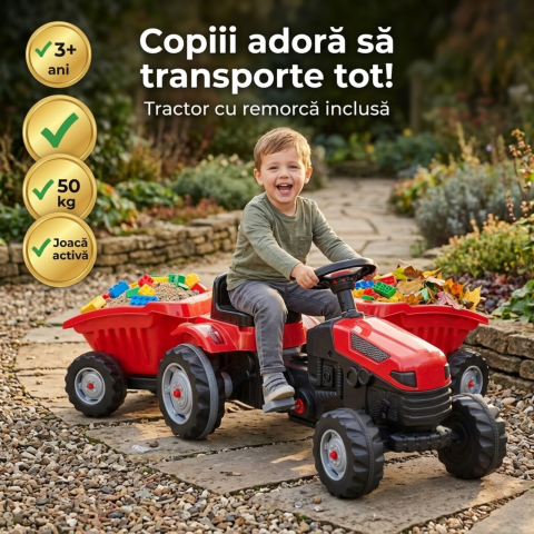 Tractor cu pedale copii cu remorca rosu| scaun reglabil | 3+ ani [7]