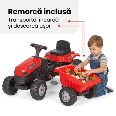 Tractor cu pedale copii cu remorca rosu| scaun reglabil | 3+ ani [3]