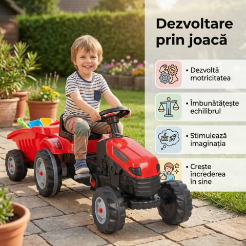 Tractor cu pedale copii cu remorca rosu| scaun reglabil | 3+ ani [5]
