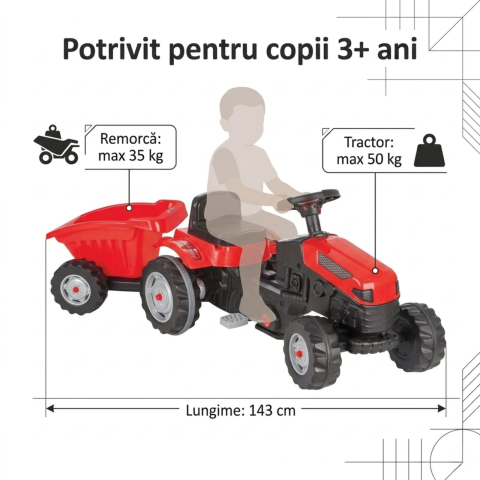 Tractor cu pedale copii cu remorca rosu| scaun reglabil | 3+ ani [6]