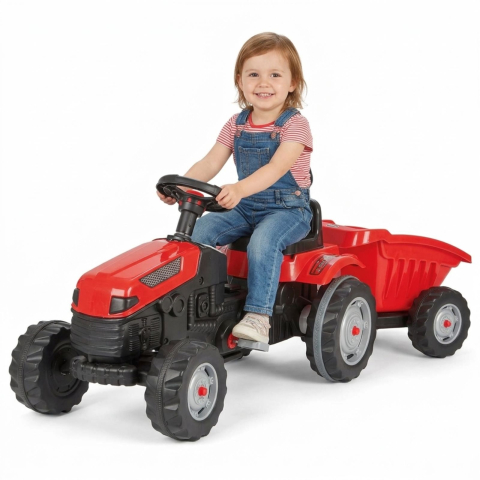 Mașinuțe, tractoare și excavatoare - Tractor cu pedale copii cu remorca rosu| scaun reglabil | 3+ ani