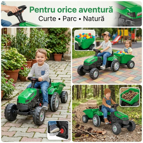 Tractor cu pedale copii cu remorca verde | scaun reglabil | 3+ ani [6]