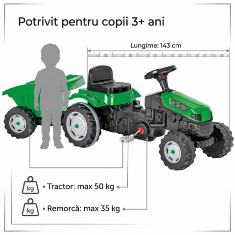 Tractor cu pedale copii cu remorca verde | scaun reglabil | 3+ ani [7]