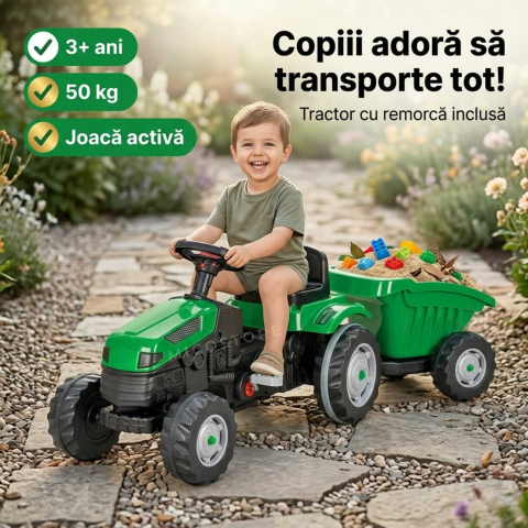 Tractor cu pedale copii cu remorca verde | scaun reglabil | 3+ ani [1]