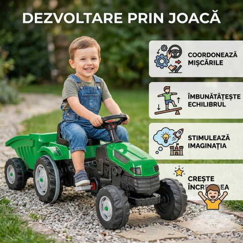 Tractor cu pedale copii cu remorca verde | scaun reglabil | 3+ ani [5]