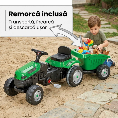 Tractor cu pedale copii cu remorca verde | scaun reglabil | 3+ ani [3]