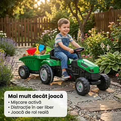 Tractor cu pedale copii cu remorca verde | scaun reglabil | 3+ ani [2]
