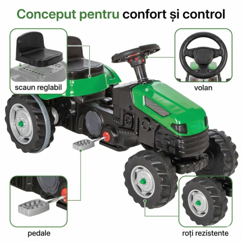 Tractor cu Pedale copii, Verde, Scaun reglabil si Claxon [2]