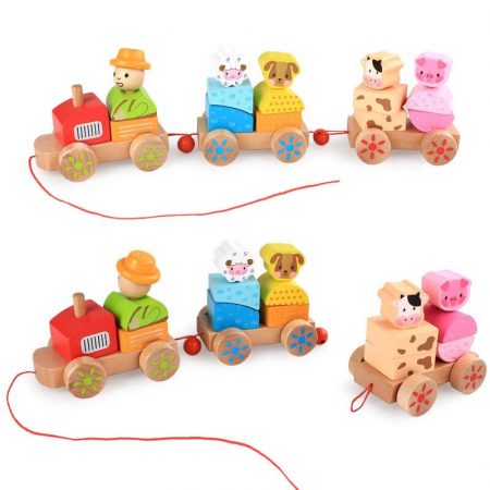 Tren din lemn Ferma Animalelor si cuburi figuri geometrice. [7]