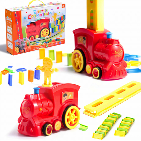 Trenulețe de jucărie, circuite - Jucărie Tren Locomotivă Domino – 80 Piese cu Aranjare Automată, Lumini și Sunete - Micostore.ro