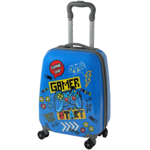 Troler pentru copii, Design Gamer, 4 roti duble, Maner telescopic, Albastru [1]