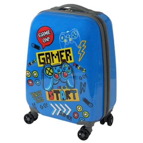 Troler pentru copii, Design Gamer, 4 roti duble, Maner telescopic, Albastru [2]