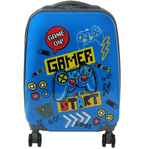 Rechizite Școlare - Troler pentru copii, Design Gamer, 4 roti duble, Maner telescopic, Albastru