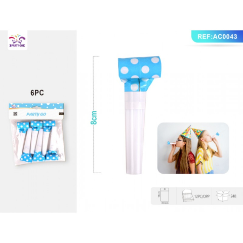 Accesorii pentru petrecere - Trompeta petrecere PartyGo, 23cm, buline albe, bleu, AC0043, set 6 buc