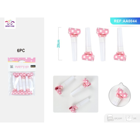 Accesorii pentru petrecere - Trompeta petrecere PartyGo, 23cm, buline albe, roz, AA0044, set 6 buc