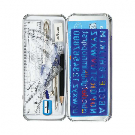Rechizite Școlare - Trusa geometrie, 11 piese, cutie metalica, albastru