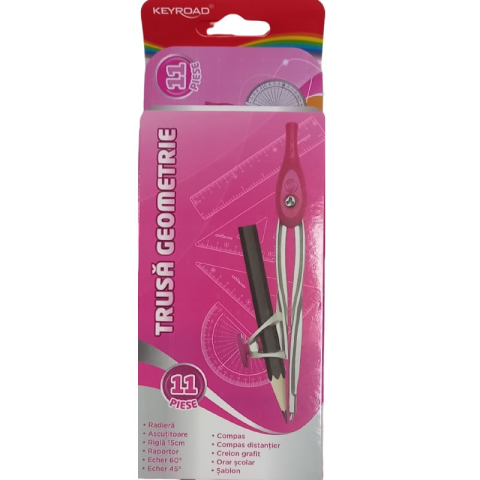 Instrumente de Geometrie: Rigle, Echere, Compasuri si Truse - Trusa geometrie Keyroad KR971708, 11 piese, cutie metalica roz