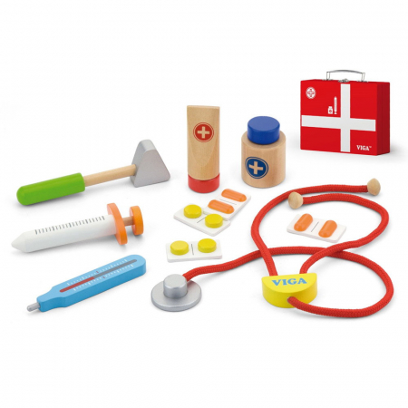 Set de joaca Doctor - Trusa medicala in cutiuta cu accesorii din lemn, 3-7 ani