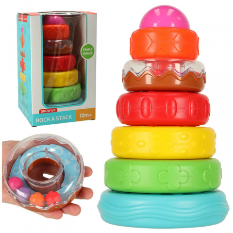 Jucării și Jocuri pentru copii - Turn Piramida Senzorial si Educativ, 7 Elemente Colorate, Puzzle Montessori, Bebelusi, 12 luni+