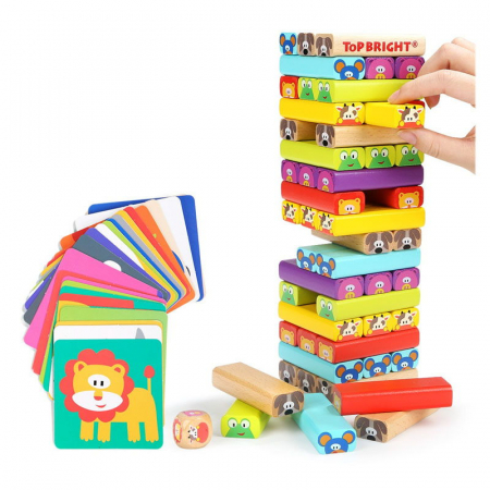 Jucării și Jocuri pentru copii - Turnuletul Jenga din lemn cu Animale 4 in 1