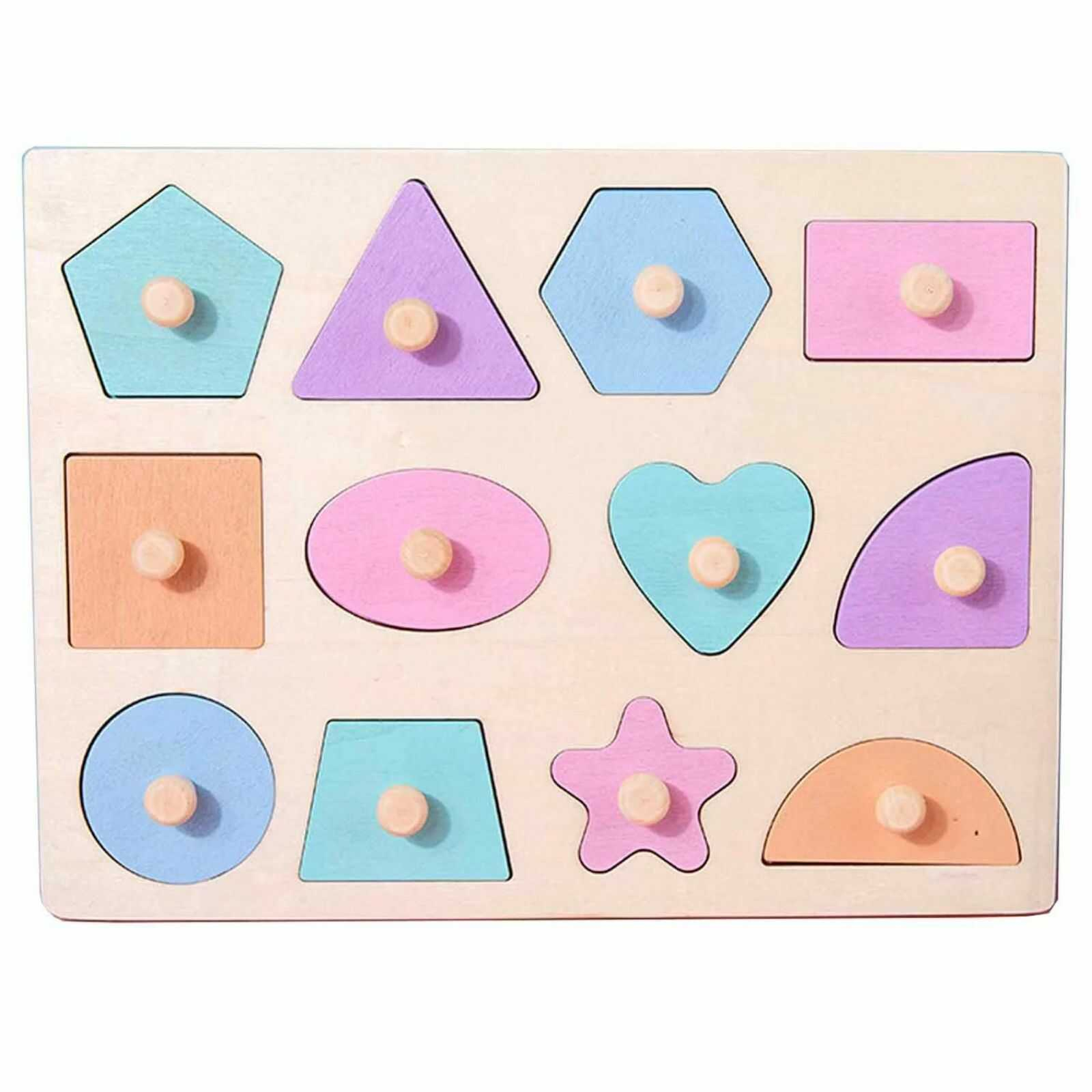Run mortgage bandage Puzzle lemn Incastru Montessori cu maner 12 forme geometrice pastel